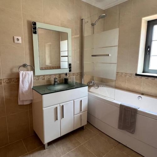 a bathroom with a sink and a tub and a mirror at Alojamento dos Redondos in Fernao Ferro