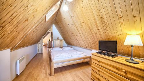 a bedroom with a bed and a desk with a television at VisitZakopane - Giewont View Apartment in Kościelisko