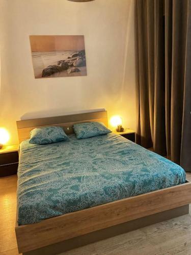 - une chambre avec un lit et 2 oreillers dans l'établissement Marigny Appartement, à Villeneuve-lès-Maguelone