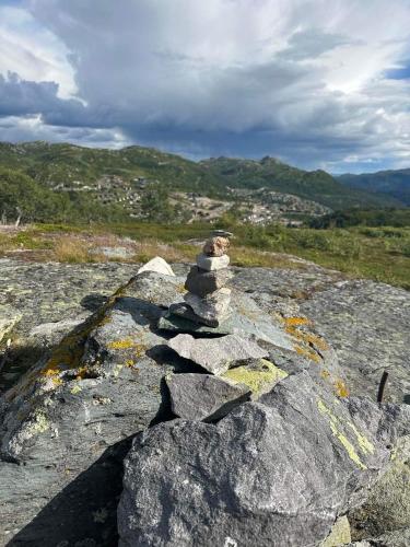 a pile of rocks sitting on top of a mountain at Leilighet i vakre Rauland in Rauland