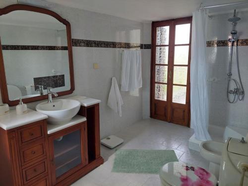 La salle de bains est pourvue d'un lavabo et d'un miroir. dans l'établissement Olympos Philoxenia, μεταξύ βουνού και θάλασσας, à Kateríni