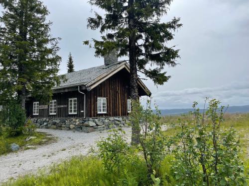 オールにあるGrindastugu cabin right by Liatoppen Ski Centre.の木の畑の丸太小屋