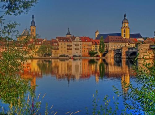 a city with a bridge over a river at Flair-Hotel Zum Benediktiner in Schwarzach am Main