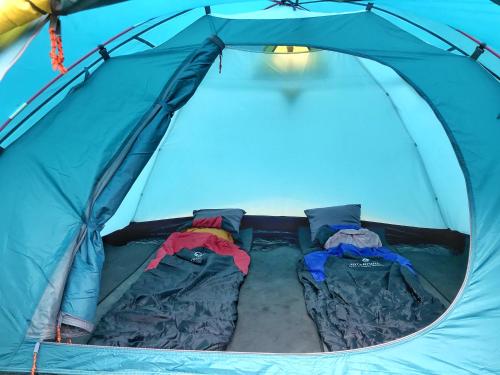 a blue tent with two beds in it at Bromo Dormitory in Bromo