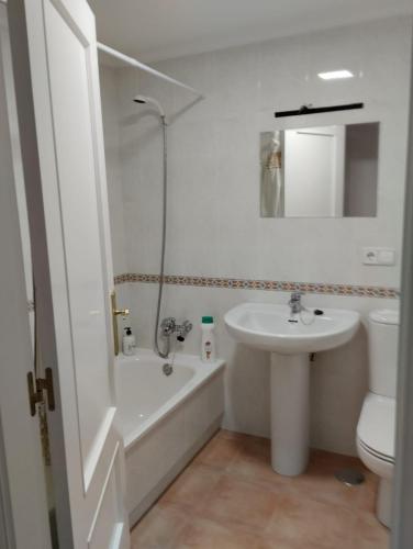 uma casa de banho com um lavatório, uma banheira e um WC. em ALVAFER em Ribadeo