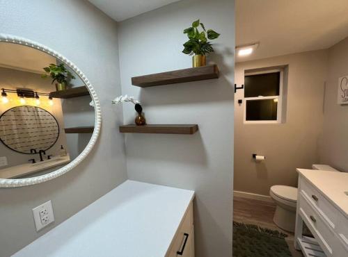 a bathroom with a sink and a mirror and a toilet at Downtown Rustic Roots in Chico