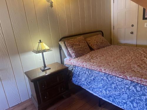 1 dormitorio con cama y mesita de noche con lámpara en The Viking Lodge - Downtown Winter Park Colorado en Winter Park