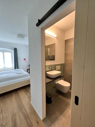 y baño con cama, lavabo y aseo. en Berghof Erlebnis AG en Pfaffnau