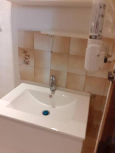 La salle de bains est pourvue d'un lavabo blanc et d'un sèche-cheveux. dans l'établissement appartement 2 chambres à Lésigny, à Lésigny