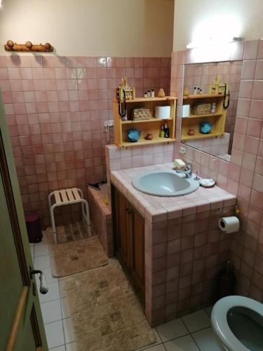 - une salle de bains carrelée de rose avec lavabo et toilettes dans l'établissement La maison de la vigne, à Bauduen