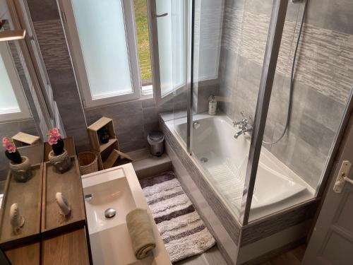 a bathroom with a shower and a tub and a sink at SplendideT4#6lits#3 chambres# Geneve/Paris/Gare in Bellegarde-sur-Valserine