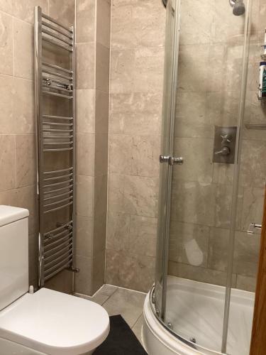 ein Bad mit einer Dusche und einem WC in der Unterkunft Central London Rooms in London