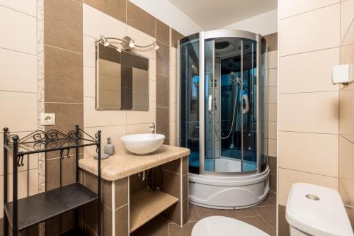 a bathroom with a shower and a sink and a toilet at Apartments Bugenvila Brzac in Brzac