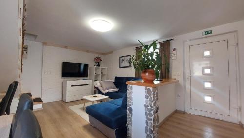sala de estar con sofá azul y TV en Roki Bled, en Bled