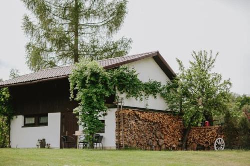 a white house with a stone wall at Chata w lesie in Zagwiździe