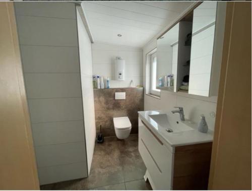 a white bathroom with a toilet and a sink at Ferienwohnung Idarblick in Idar-Oberstein