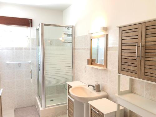a white bathroom with a sink and a shower at La Suite Sapotille in Trois-Rivières