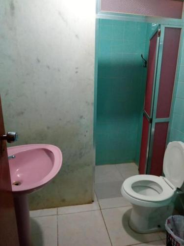 Beiruth Hotel في برازيليا: حمام مع حوض وردي ومرحاض