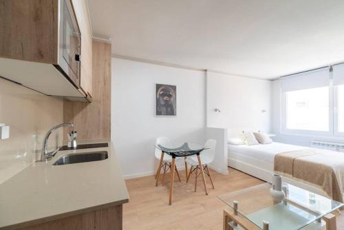 a kitchen and living room with a bed and a sink at Loft Plaza España in Vigo