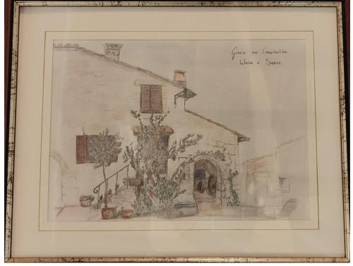 a drawing of a house with flowers and plants at Agriturismo Podere Chiassaie in Monticchiello