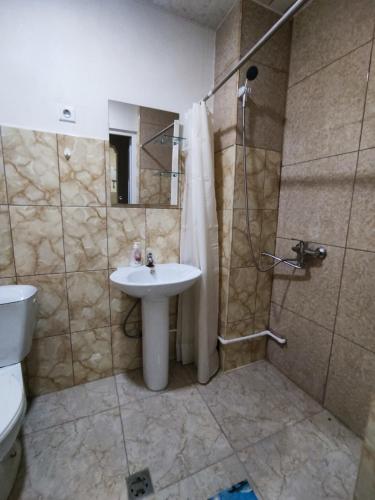 a bathroom with a sink and a shower and a toilet at Hotel Talin in Talin