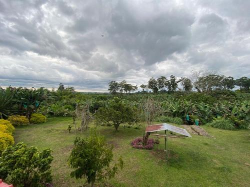 a garden with a tent in the middle of a field at Mi Casita Campersite in Armenia