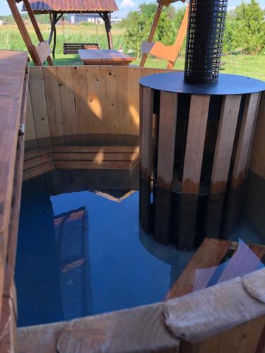 a pool of water with a table in it at Domek na roztoczu in Tomaszów Lubelski