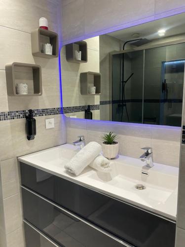 a bathroom with a white sink and a mirror at Pyramide in Mulhouse