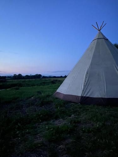 Devon Tipi Camp And Glamp في Stoke Canon: خيمة بيضاء تجلس في ميدان عشب