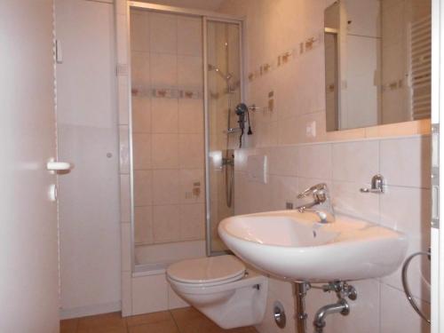 a bathroom with a sink and a toilet and a shower at Jan-und-Gret-6 in Olsdorf