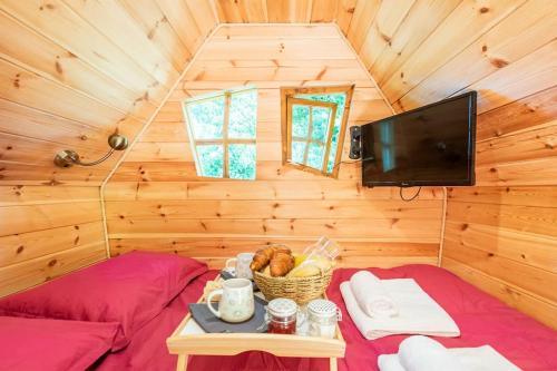 a room with a tv and a table in a cabin at Au pied du frêne in Herzeele