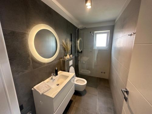 a bathroom with a sink and a toilet and a mirror at Apartments Pina in Kornić