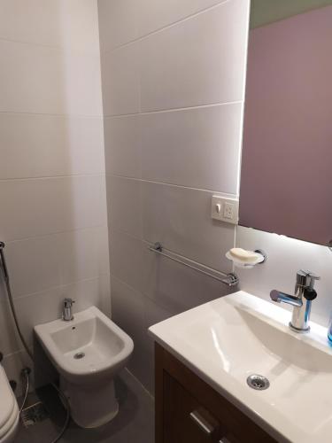 Un baño con lavabo, inodoro y espejo. en Palermo Apart Bulnes, en Buenos Aires