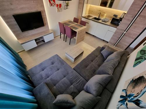 una vista aérea de una sala de estar con sofá y TV en Kopaonik Heights N97 Spa and Wellnes en Kopaonik