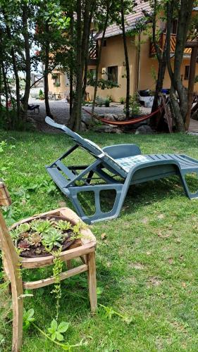 a couple of beds sitting in the grass at Vis Împlinit in Cîrţişoara