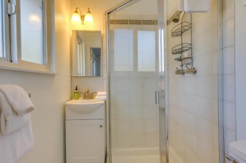 a bathroom with a shower and a sink at Inviting Home with Patio Walk to Downtown Novato! in Novato