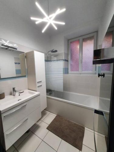 une salle de bain avec un lavabo, une baignoire et une douche dans l'établissement Le Grand Arches, à Charleville-Mézières