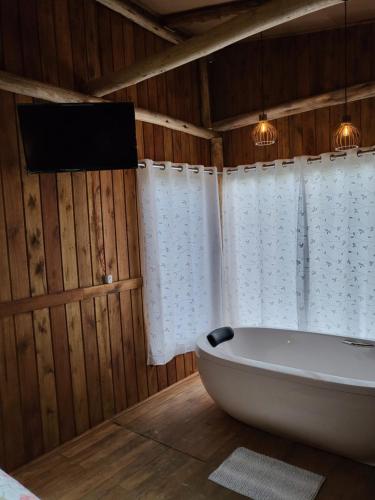 een badkamer met een bad en een televisie bij Pousada Cantinho da Tia Amanda in Pinheiral