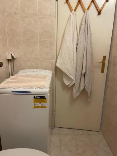 een badkamer met een koelkast en een deur met handdoeken bij Charming studio near downtown in Belgrado