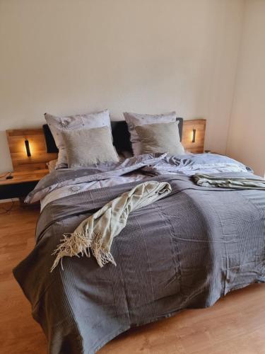 ein Schlafzimmer mit einem großen Bett mit Kissen in der Unterkunft Wohlfühloase in Sankt Wendel