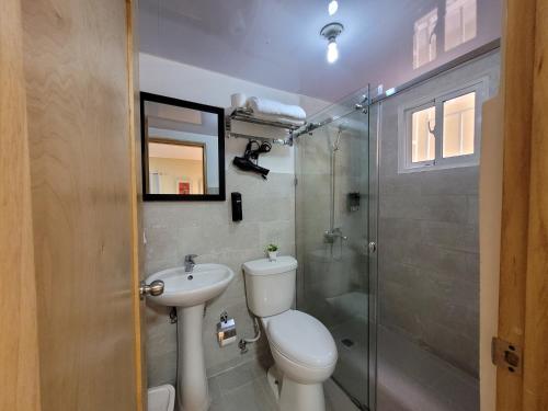 a bathroom with a toilet and a sink and a shower at Apto Entero familiar espacioso con piscina confortable in Licey