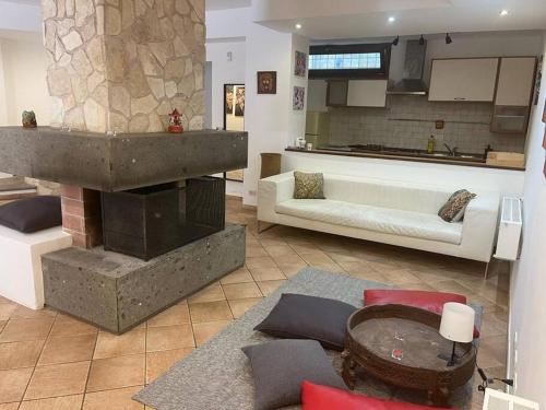 uma sala de estar com um sofá e uma lareira em The Garden House Relax em Rocca di Papa