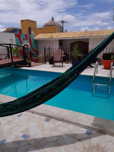 a hammock hanging over a swimming pool at Xtabentun Hostal in Cancún