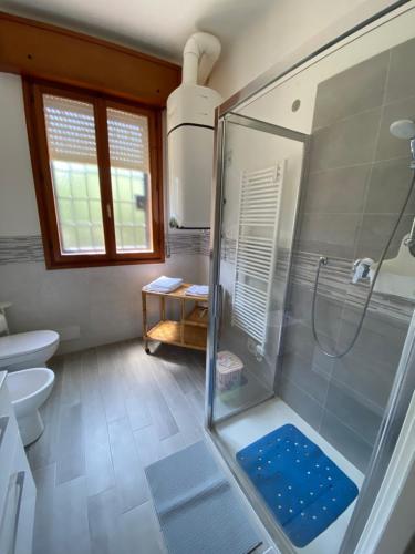 bagno con doccia e servizi igienici. di Apartments Isi & Lory a Casalecchio di Reno