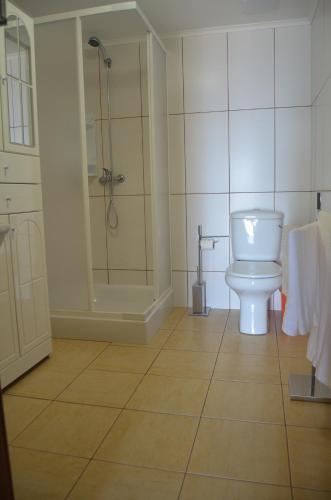 a bathroom with a toilet and a shower at Vista do Pilar in Conceição