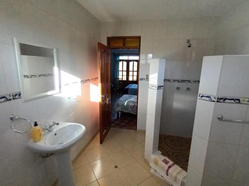 a bathroom with a sink and a shower at Las Palmeras in Carhuaz