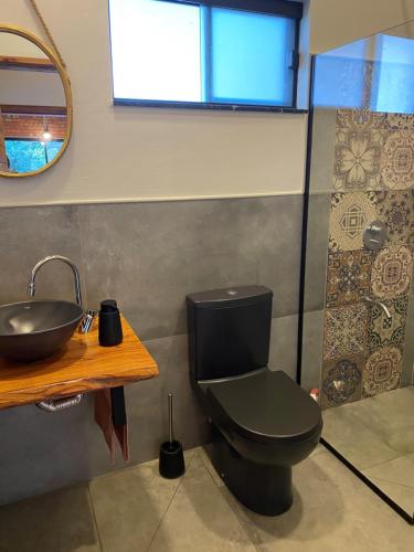 Łazienka z czarną toaletą i umywalką w obiekcie Casa de Campo Fichtelberger Hohenau w mieście Hohenau
