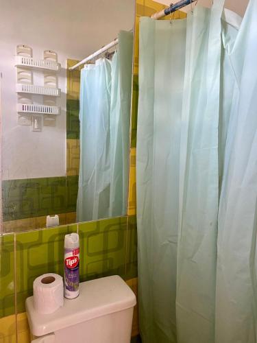 uma casa de banho com um WC e uma cortina de chuveiro verde em Blue House - cerca del consulado americano em Guayaquil
