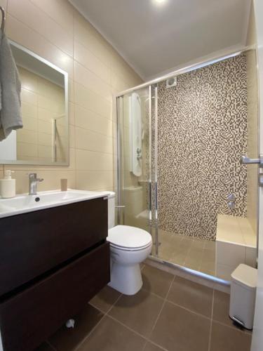 a bathroom with a shower and a toilet and a sink at Casa da Formosa in Silveira