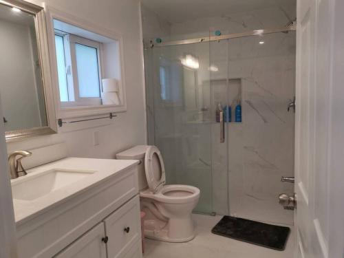 een badkamer met een douche, een toilet en een wastafel bij Pigeon Lake Cottage in Kawartha Lakes